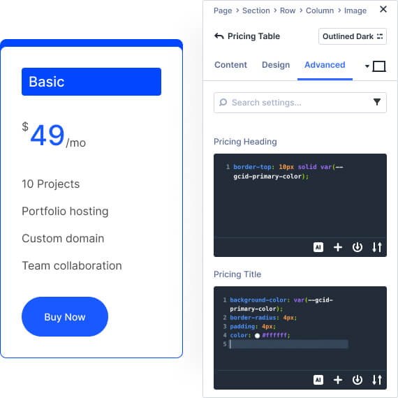 Add custom CSS to any element within the visual builder